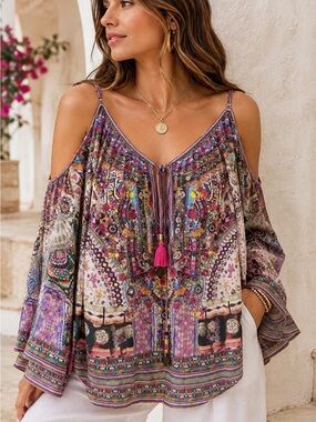 Camilla Embellished Silk Cold Shoulder Top Blouse M